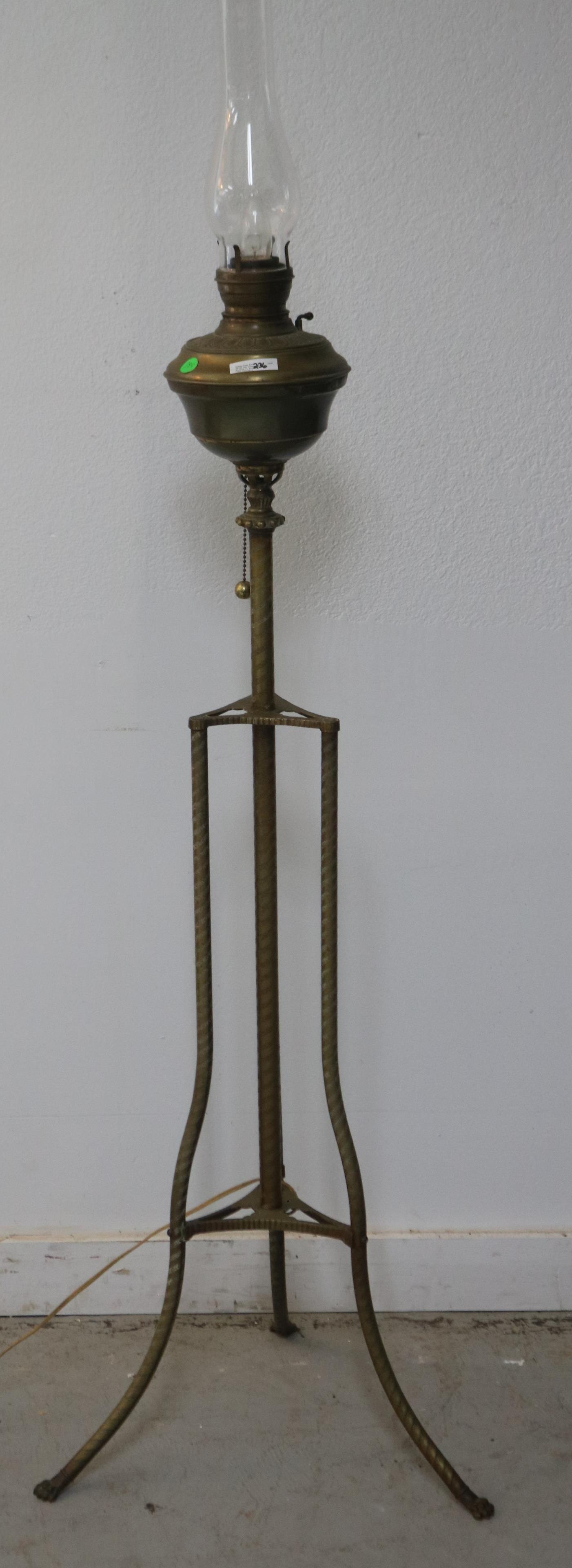 VICTORIAN BRASS ADJUSTABLE PIANO LAMP, 49" H +: CHIMNEY, 16" W AT BASE