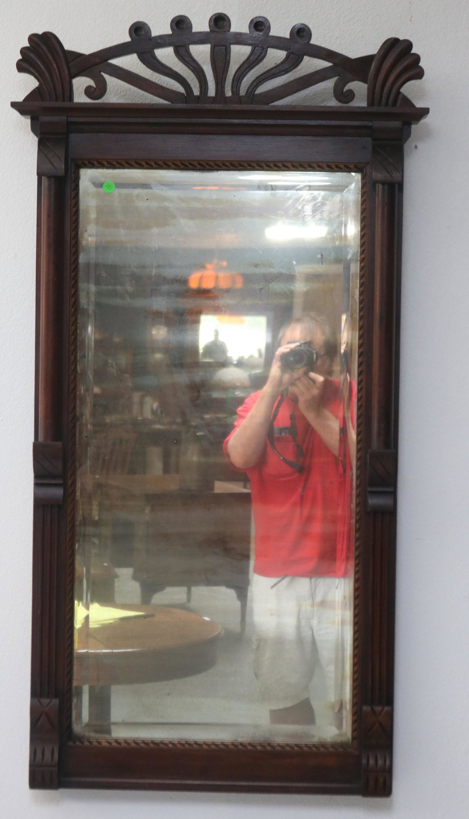 VICTORIAN WALNUT WALL MIRROR, FANCY CREST, COLUMN: SIDES, OLD FINISH, CLOUDY BEVELED MIRROR, 48" H, 25 1/2" W