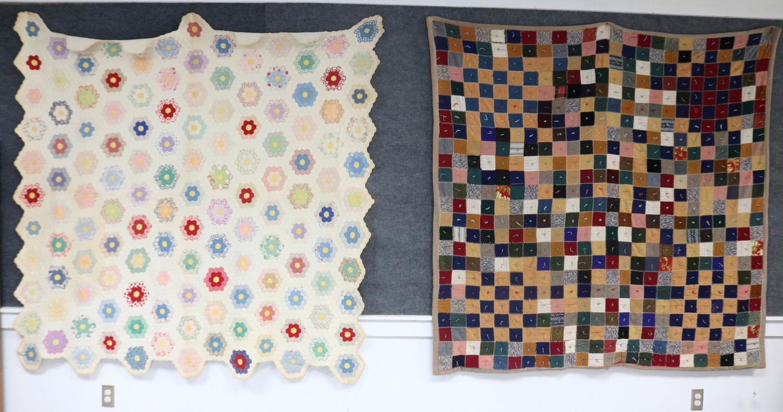 2 EARLY 20TH C. QUILTS, GEOMETRIC DESIGNS, 6' 2": X 6' 1" & 6' 4" X 6' 4", OVERALL GOOD CONDITION, 1 WITH PATCH ON BACK