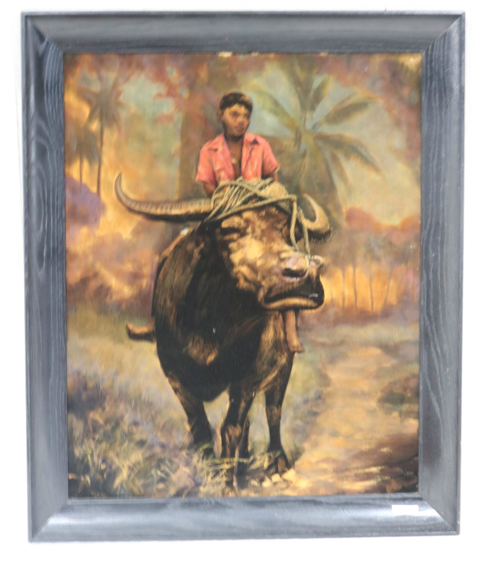OIL ON VELVET, ASIAN BOY ON WATER BUFFALO, SIGNED: TYREE LOWER LEFT, 30" X 24" SIGHT, 35" X 29" OVERALL
