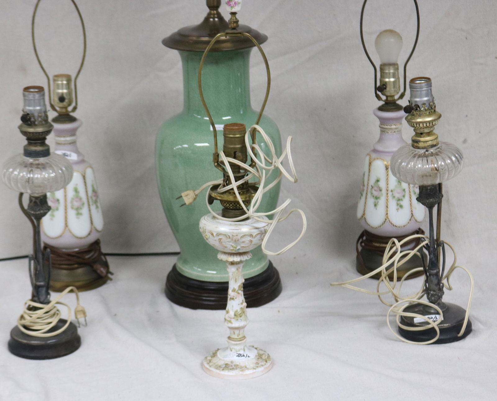 LOT 6 MISC. LAMP, DRESDEN LAMP, 2 PEG LAMPS ON: SILVER PLATE BASES, CELADON LAMP, 2 ENAMELED GLASS LAMPS, LAMP 12" - 25" H