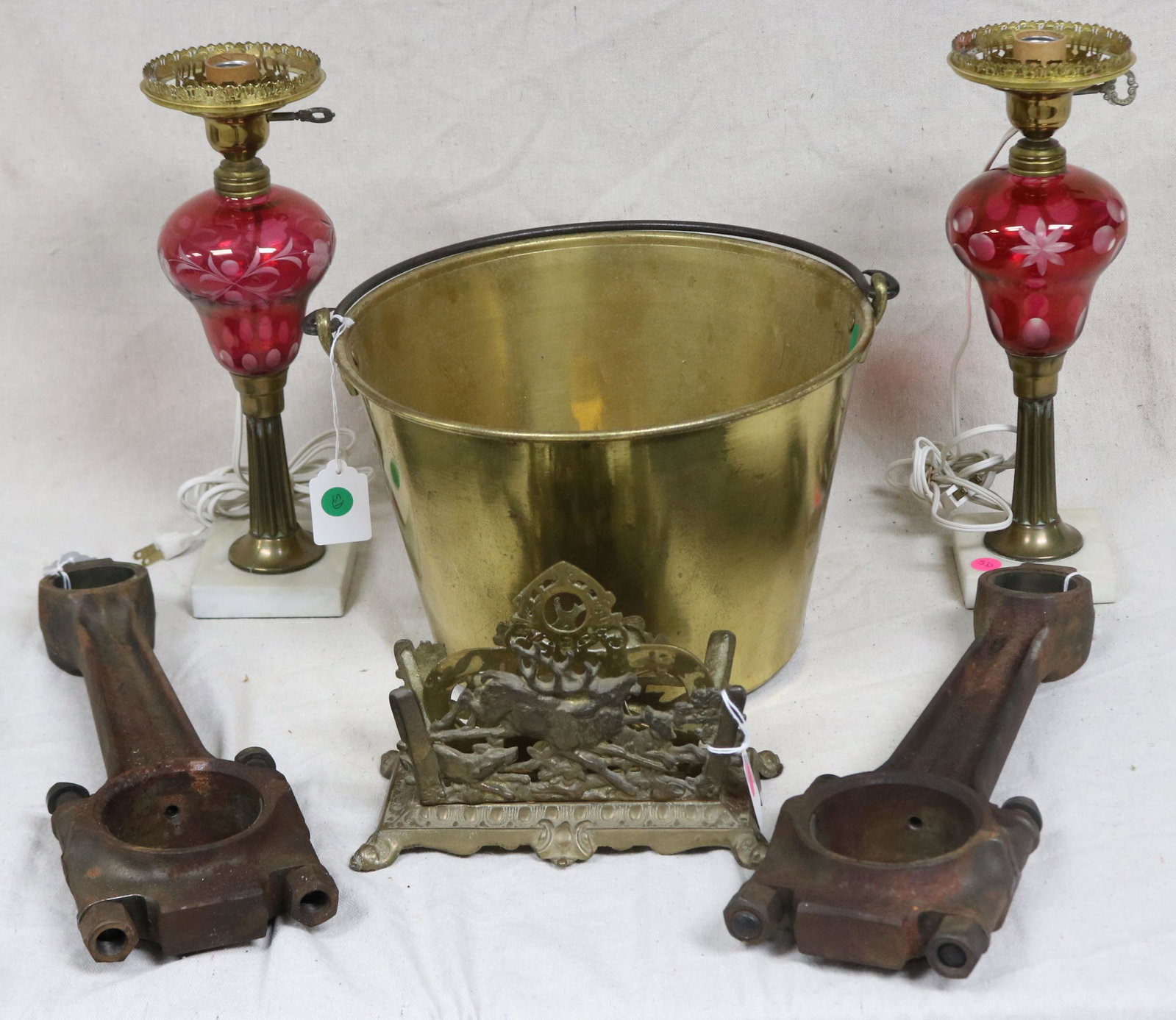 6 ITEMS, PAIR CRANBERRY OVERLAY LAMPS, 14" H,: 19TH C. BRASS BUCKET, 8 1/4" H, 13 1/4" DIA., PAIR CONNECTING RODS, 15 3/4" L, CONTEMPORARY BRASS LETTER RACK "B&H" 6" H, 9" W