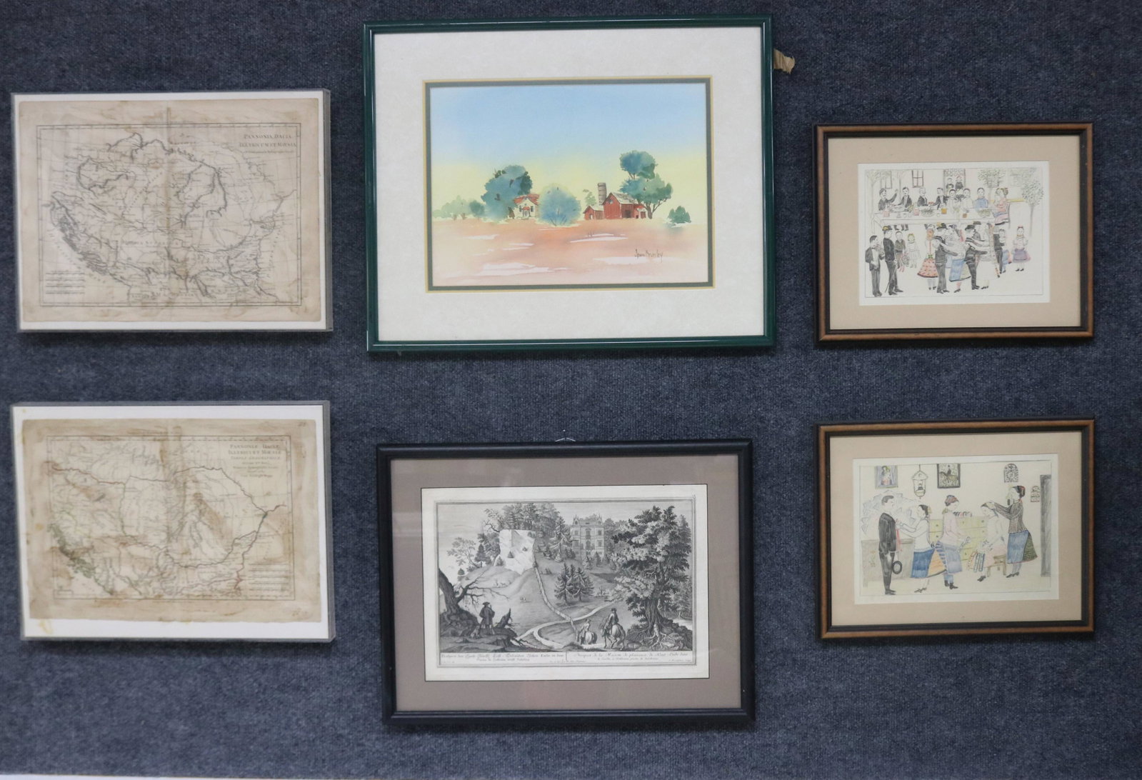 6 FRAMED ITEMS, TWO 18TH C. MAPS, 12 1/4" X 16: 1/4" OVERALL, WATERCOLOR SIGNED JOAN BRUMLEY, 17" X 21" OVERALL, EARLY ENGRAVING 14 1/4" 19" OVERALL, 2 HUNGARIAN FOLK DRAWERS, 11 1/2" X 14 1/2" OVERALL, BARTOK ESTATE