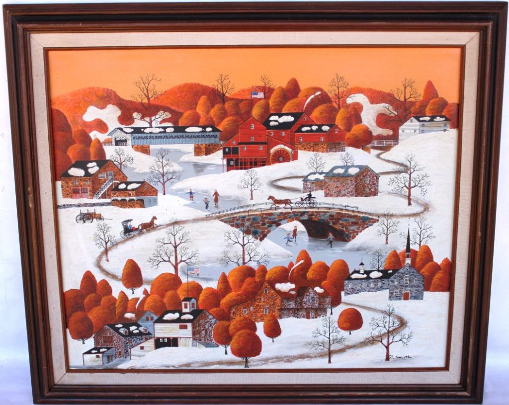 TWO CONTEMPORARY FOLK ART PAINTINGS,: ONE SIGNED R. SMITH, 20 X 24""
