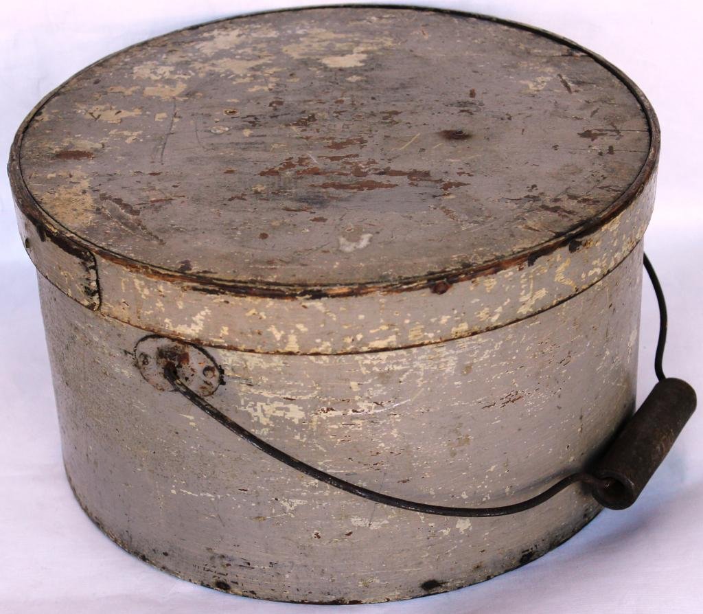 19TH C. PAINTED HANDLED PANTRY BOX,: ORIGINAL GRAY GREEN PAINT, SIGNED ILLEGIBLE, 6 1/2 H, 11 1/2" DIA."