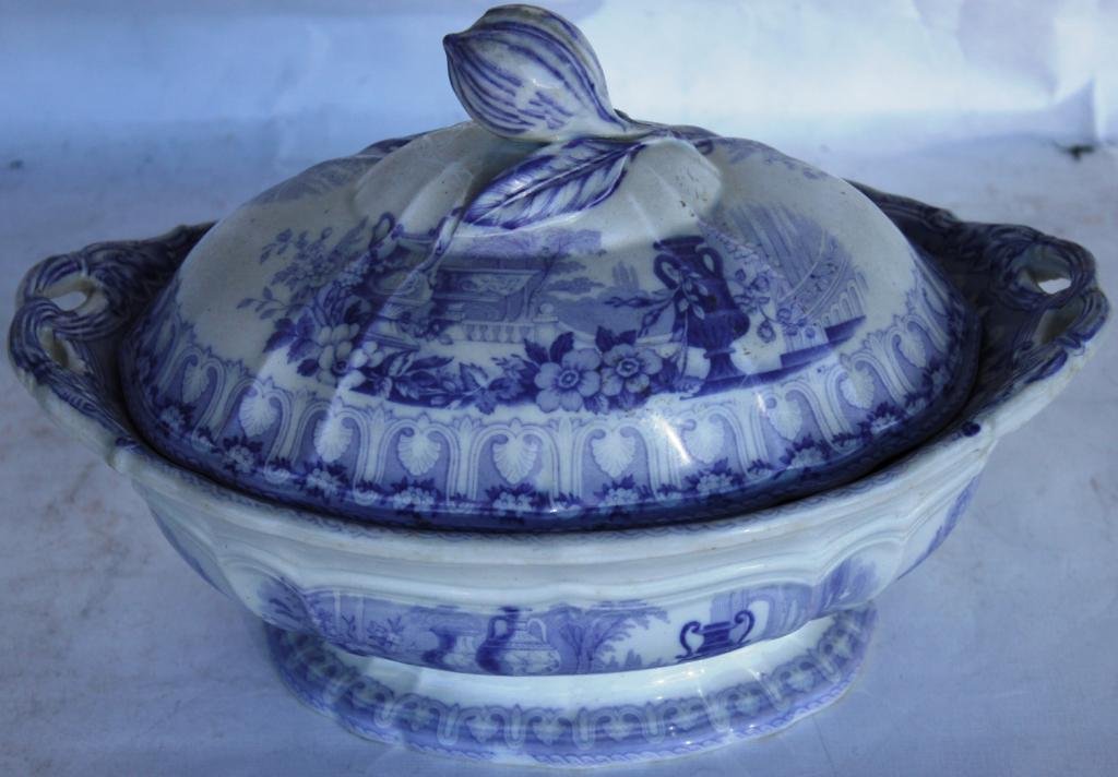 IRONSTONE LAVENDER TRANSFER WARE COVERED: TUREEN, BY DAVENPORT, WITH FRUIT FINIAL, 11 1/2 L, 8" H"