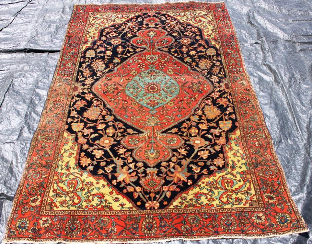 ORIENTAL RUG, 4' 4 X 6' 7", ANTIQUE PERSIAN": WITH GEOMETRICAL FLORAL DESIGN, SLIGHT LOSS TO END BORDERS