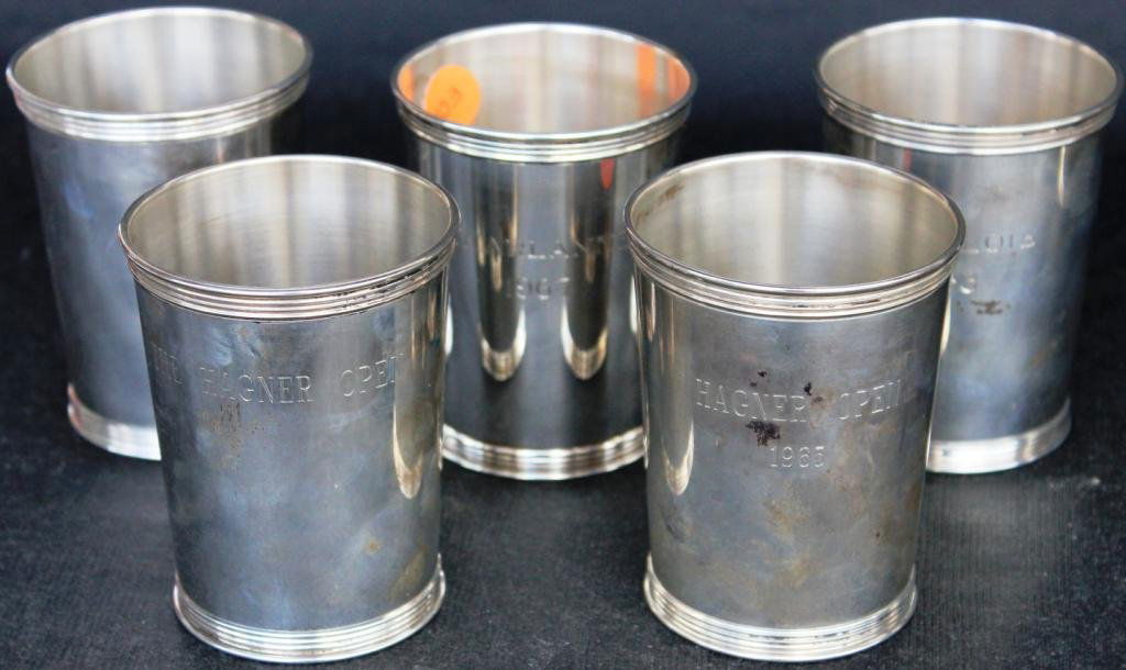 5 MISC. STERLING SILVER MINT JULEP CUPS,: ENGRAVED WITH VARIOUS EVENTS, MADE BY W. BELL & COMPANY, 3 3/4 H, 21.3 TROY oz"