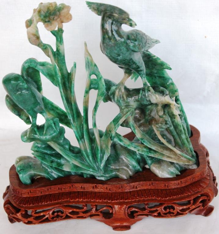 ORIENTAL CARVED HARDSTONE SCULPTURE OF: TWO BIRDS IN REEDS, 7 H, 7" L, ON 2" TEAK BASE"