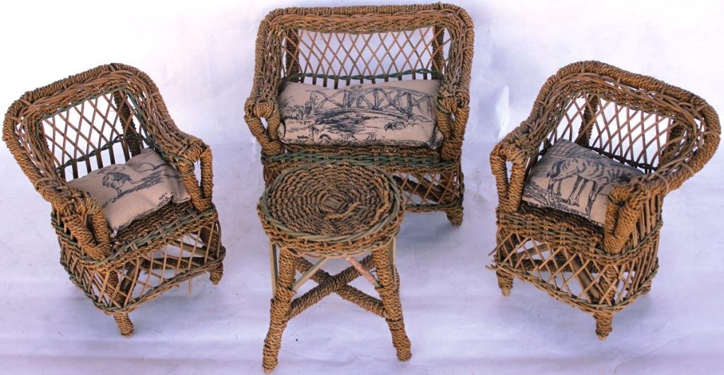 4 PC. DOLL'S WICKER PARLOR SET,: SETTEE, 2 ARM CHAIRS AND A TABLE