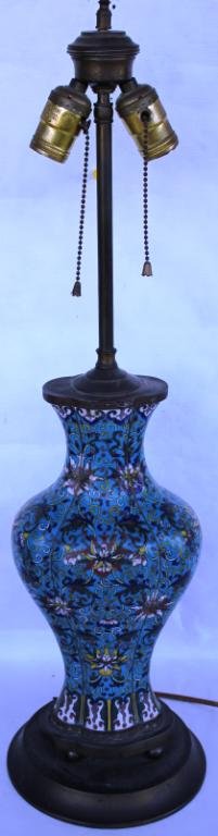 OLD CLOISONNE VASE MOUNTED AS TABLE LAMP,: SHAPED RIB FORM, VASE 13 H"