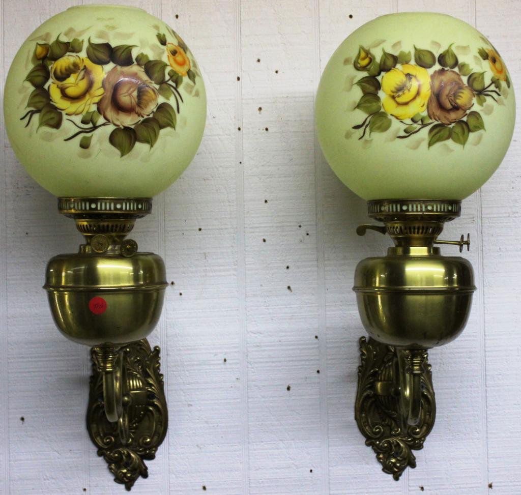 PAIR OF 20TH C. BRASS WALL SCONCES: WITH PAINTED BALL SHADES, 22 H, NEED REWIRING"