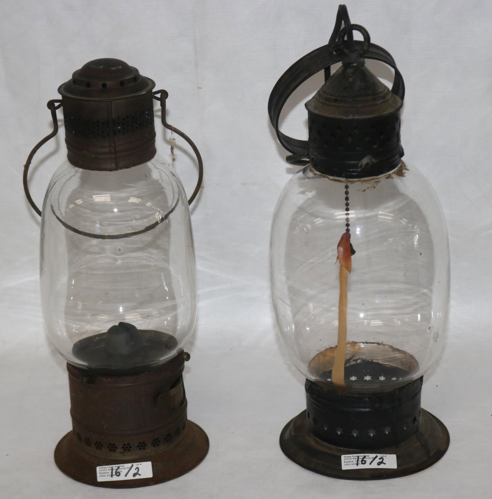 TWO 19TH C. TIN & GLASS LANTERNS, CLEAR GLASS: GLOBES, 1 MISSING BURNER, 13" & 14 1/2" H