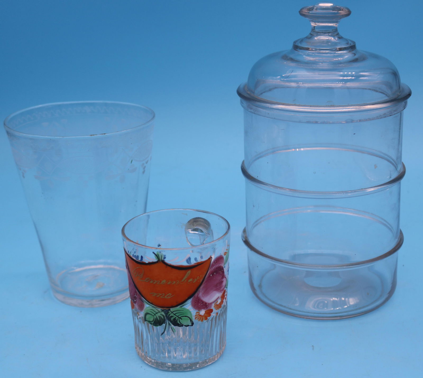 3 PCS. EARLY MID 19TH C. BLOWN GLASS, 6" BLOWN &: ENGRAVED FLIP, BLOWN & ENAMELED MUG 4" H, RING JAR WITH COVER 9 1/2", COVER SHOWS SLIGHT ROUGHAGE