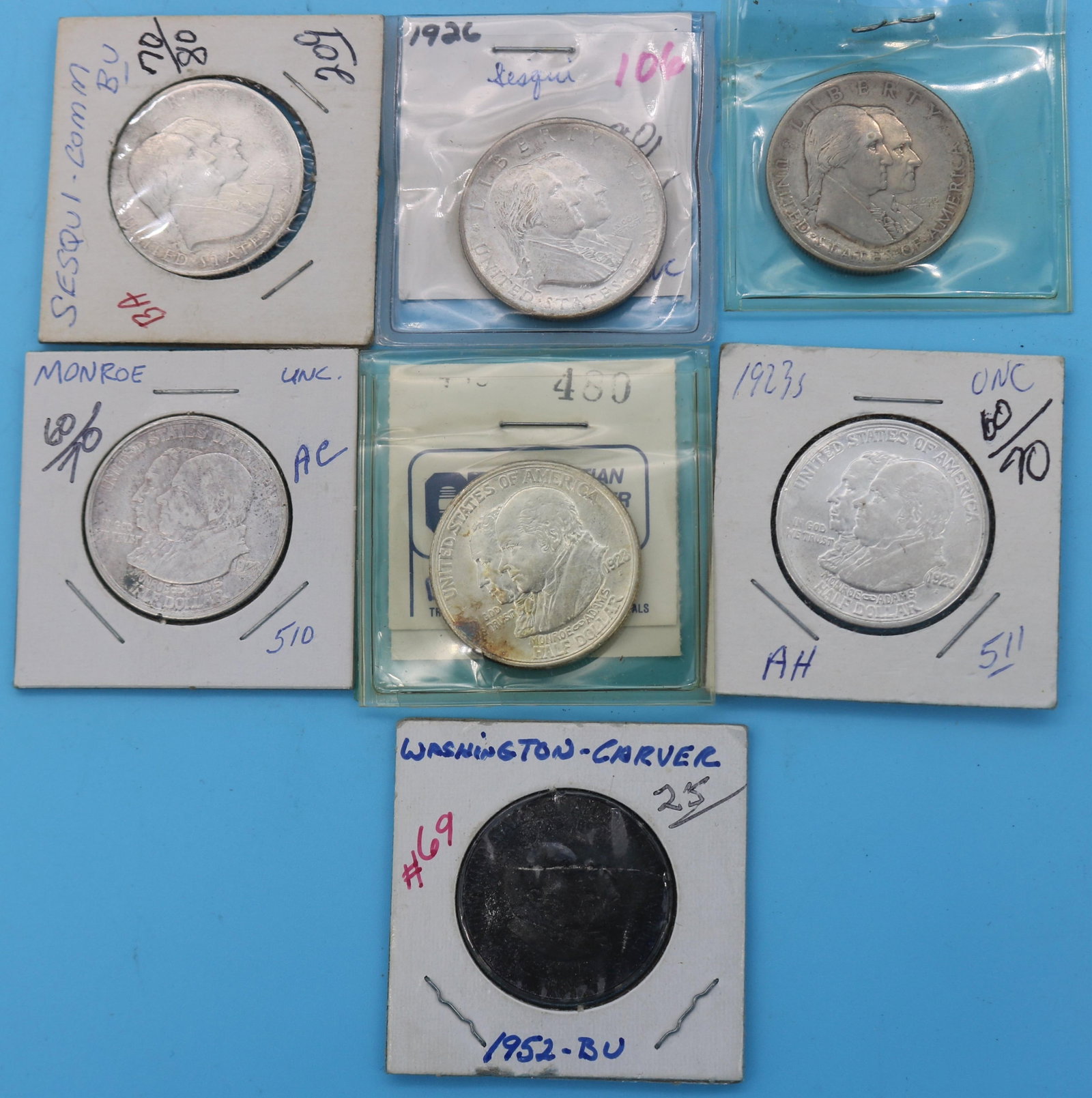 7 COMMEMORATIVE HALF DOLLARS, (3) 1923 MONROE: ADAMS, EXCELLENT - UNC CONDITION, 1952 WASHINGTON CARVER AU, (3) 1926 SESQUICENTENNIAL, EXCELLENT - AU CONDITION, NOT PROFESSIONAL GRADED