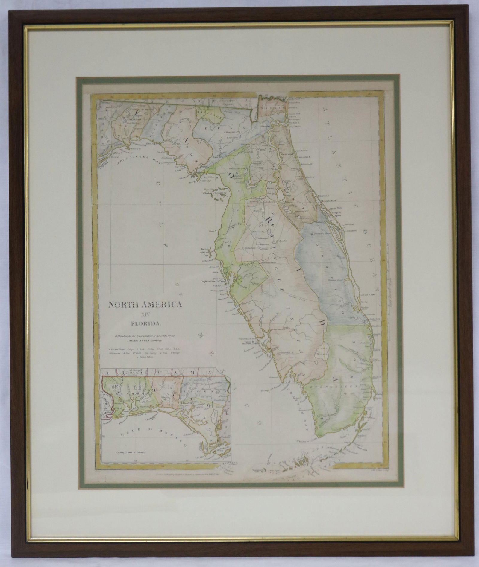 FRAMED 1834 MAP OF FLORIDA, HAND COLORED,: PUNISHED BY BALDWIN & CRADOCK, LONDON, 16 1/2" X 12 1/4" SIGHT, 22 1/2" X 19" OVERALL