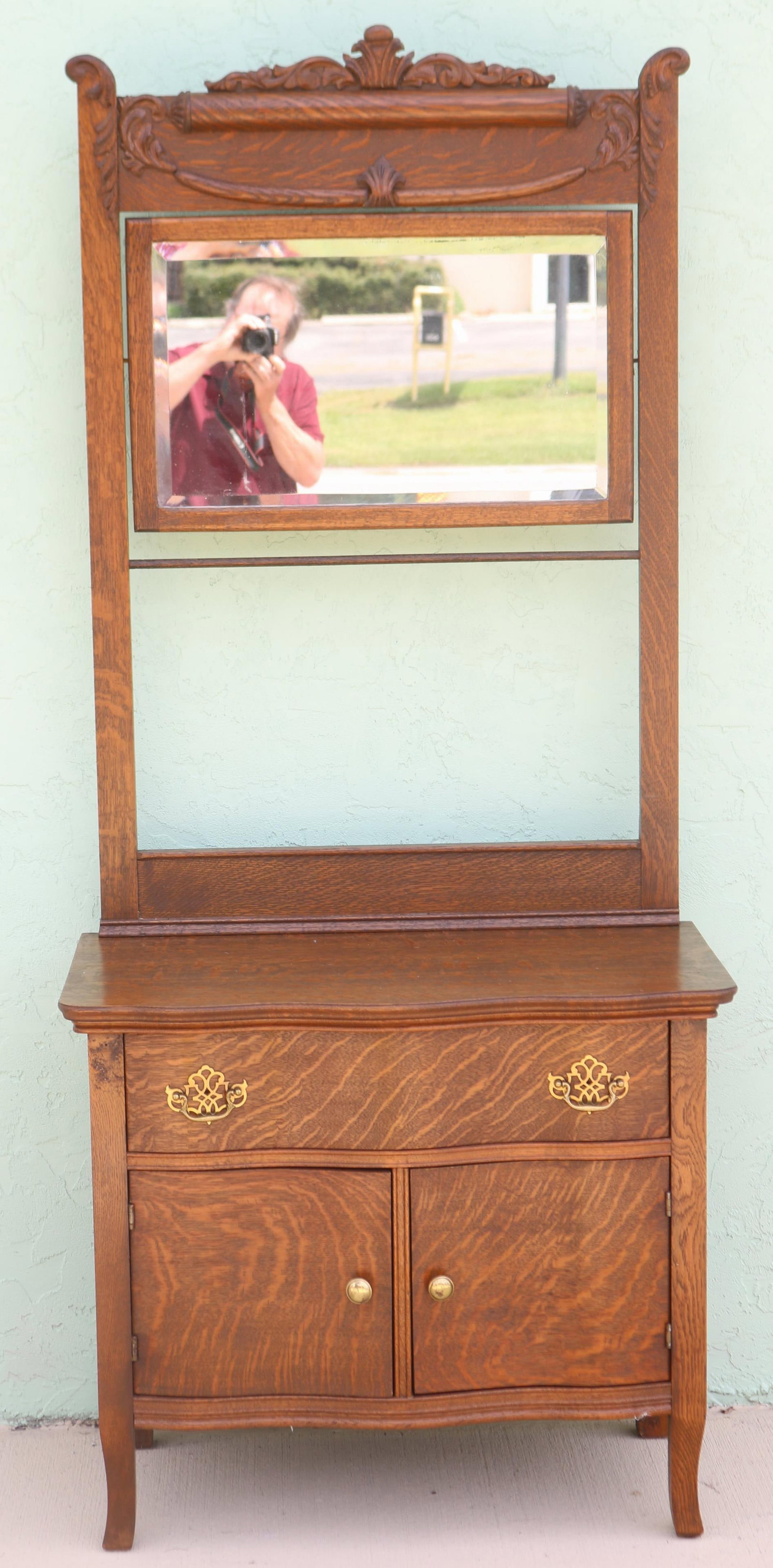 REFINISHED OAK WASHSTAND WITH MIRROR & TOWEL RACK: BACK, SHAPED FRONT, 75" H, 33" W, 18" D, REPLACED BRASSES
