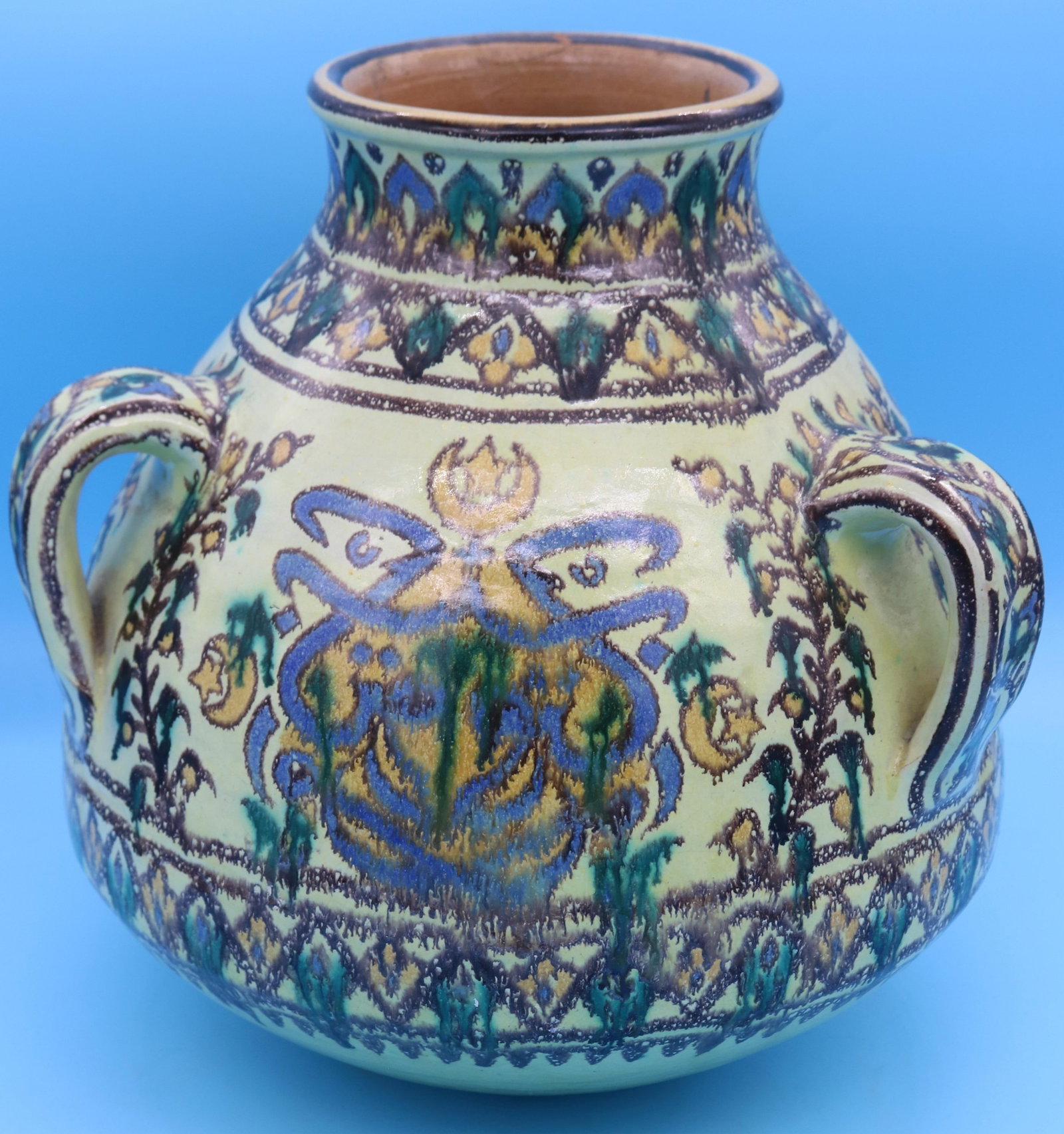 LARGE PERSIAN FAIENCE JAR WITH 3 HANDLES, OLD: REPAIRED CHIP TO RIM, 13 1/2" H, 14" DIA.