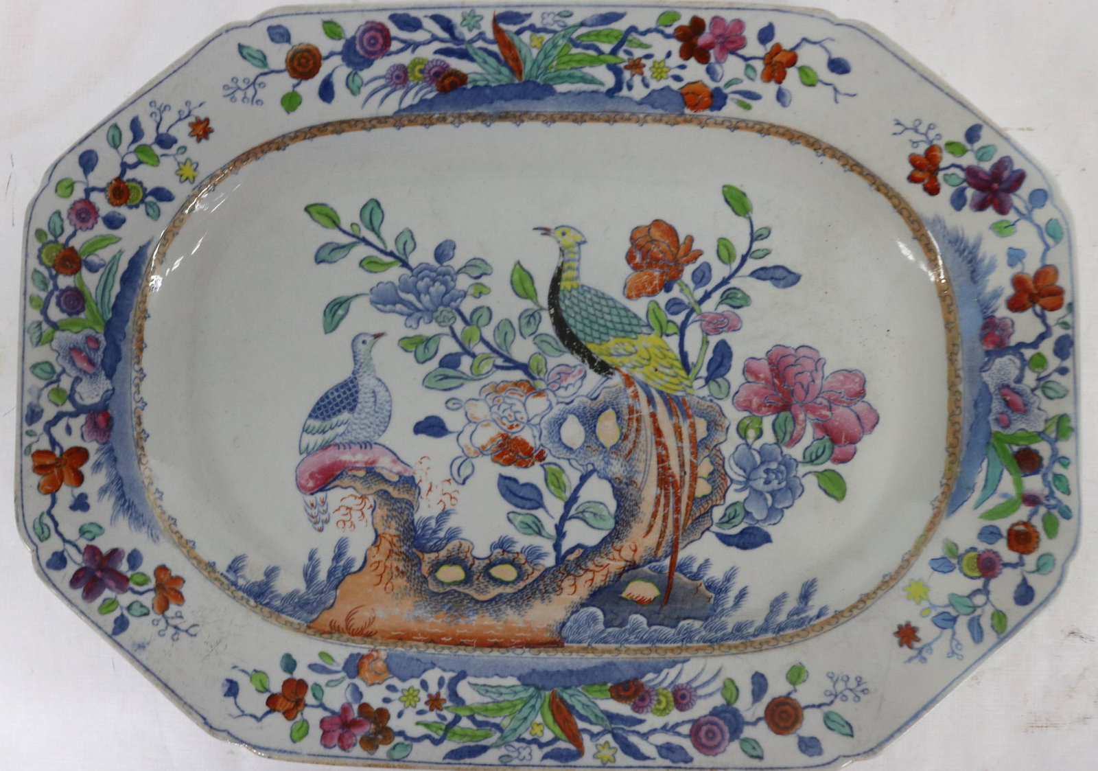 19TH C. SPODE IRON STONE PLATER, POLY CHROME BIRD: & TREE DESIGN, 12 1/4" X 9"