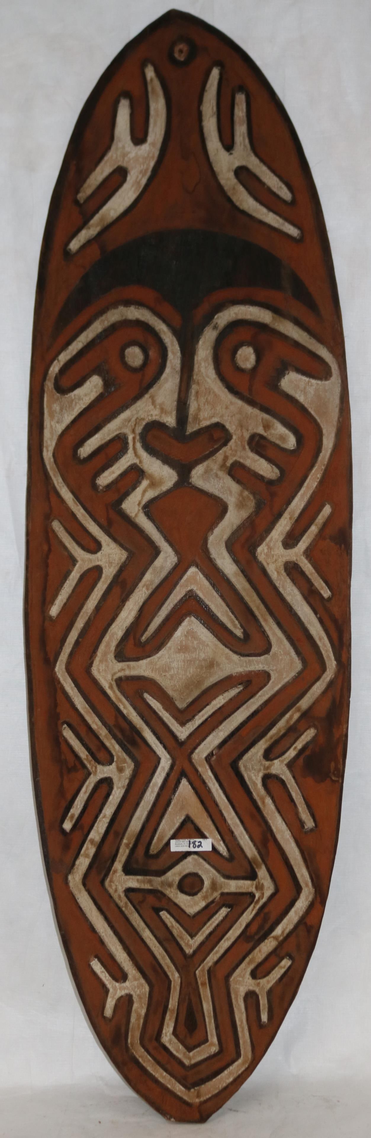 PAPUA NEW GUINEA CARVED & PAINTED POLY CHROME: SHIELD, 48" H, 14 1/2" W
