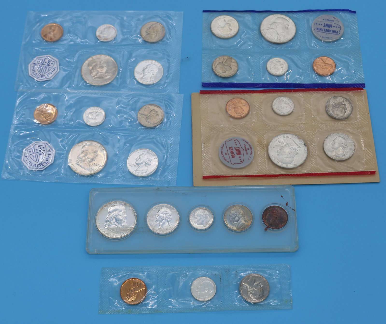5+ SILVER MINT SETS, (2) 1960 PHILADELPHIA, 1961: DENVER & PHILADELPHIA, 1951 MINT TYPE SET, 1955 DIME, NICKLE, PENNY