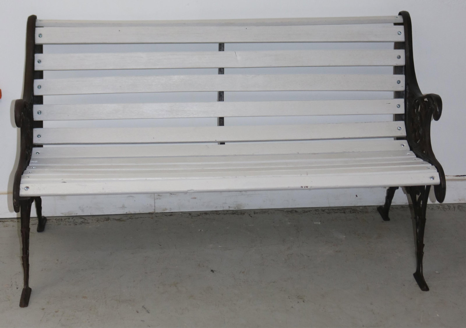 CAST IRON & WOOD BENCH, ORNATE CAST IRON ENDS,: RESTORED WOOD SLATS, PAINTED WHITE, 29 1/4" H, 49 1/4" W