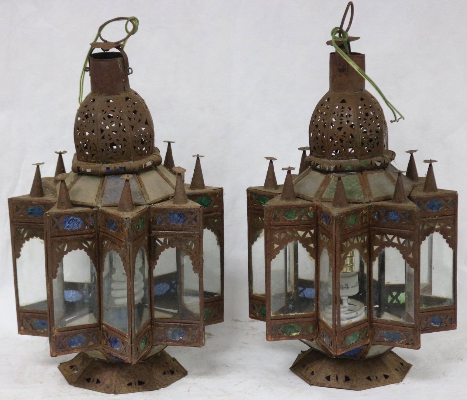 PAIR PERSIAN STAR SHAPED LANTERNS, TIN GLASS: PANELS, ELECTRIFIED, SHOWS SURFACE RUST, 20" H, 12" DIA.