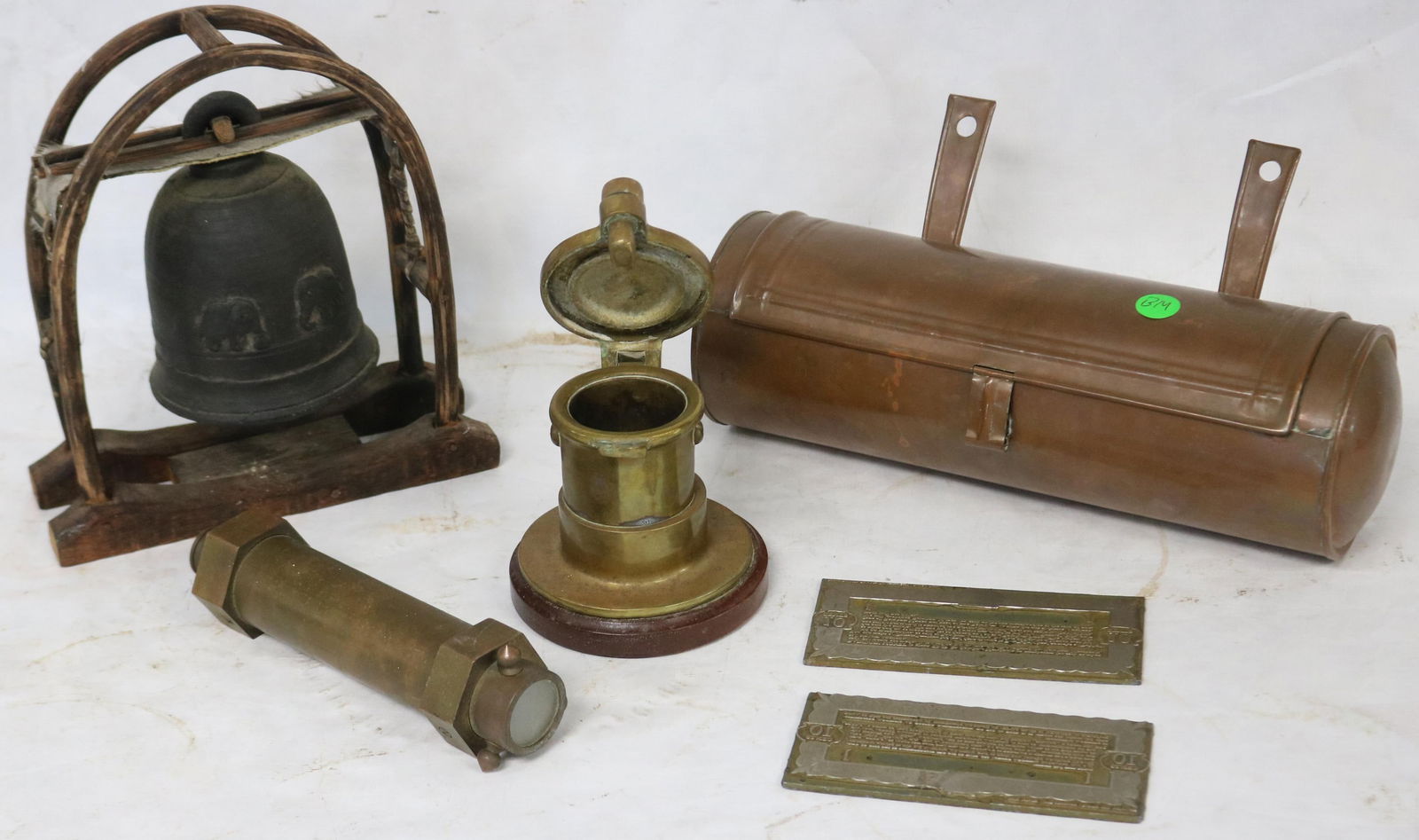 6 PCS. BRASS, COPPER, ETC. COPPER CANDLE BOX,: BRASS INKWELL, 2 PRINTING BLOCKS FOR RAINBOW MONEY, BELL & KALEIDOSCOPE, 1/8" - 9 1/4" H, 4 1/4" - 12 1/2" W