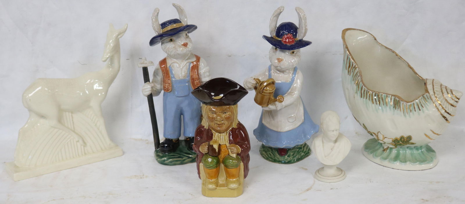 6 PORCELAIN ITEMS, FRENCH DECO DEER, 2 RABBIT: FIGURES 1 SHOWS REPAIR, TOBY PITCHER, SHELL FORM BOWL, PARIAN BUST, 5 1/4" - 11 1/2" H, 3" - 10" W