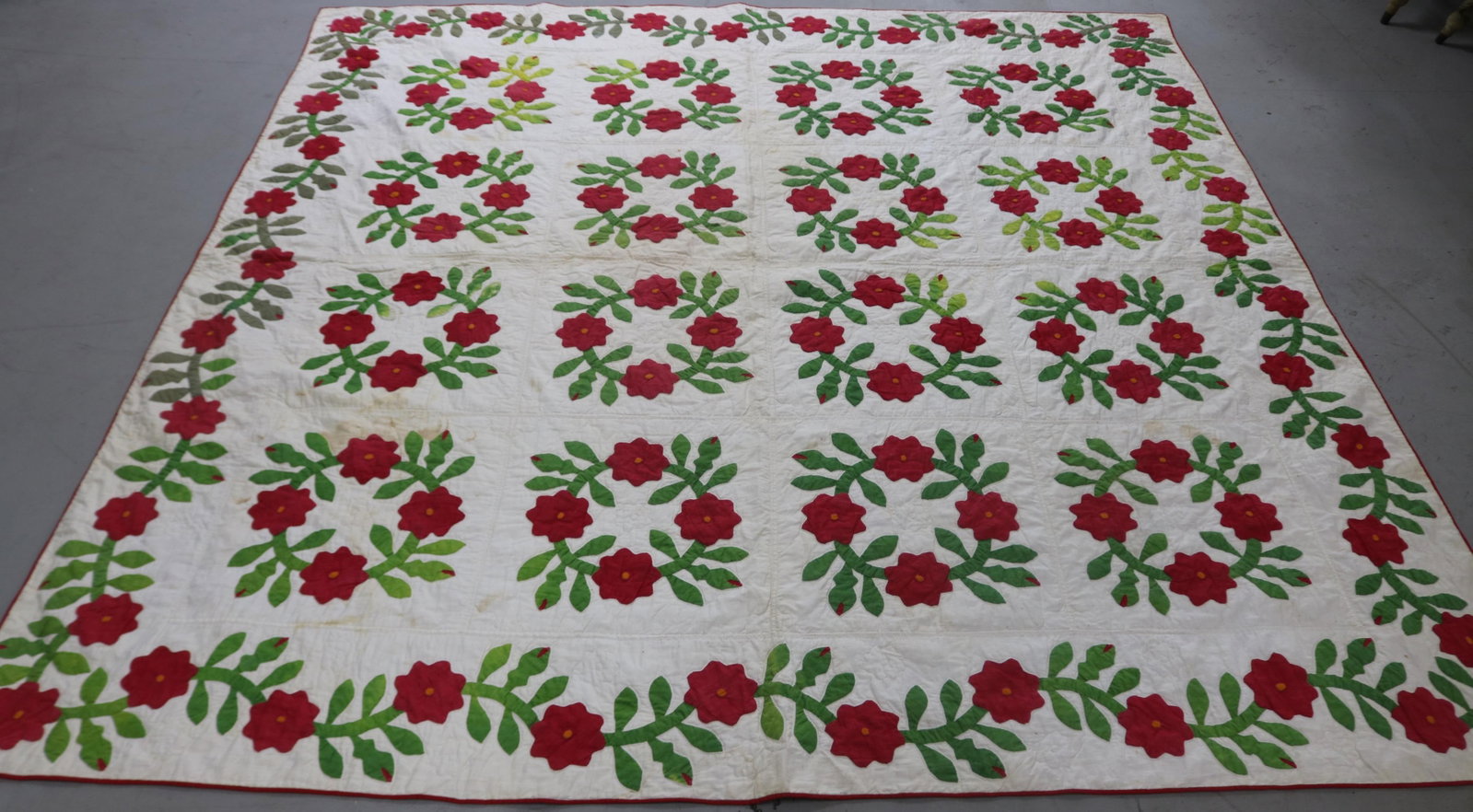 LATE 19TH C. HANDMADE APPLIQUE QUILT, ROSE OF: SHARON, 7' 2" X 7' 7" SHOWS STAINING, SOME TEARS