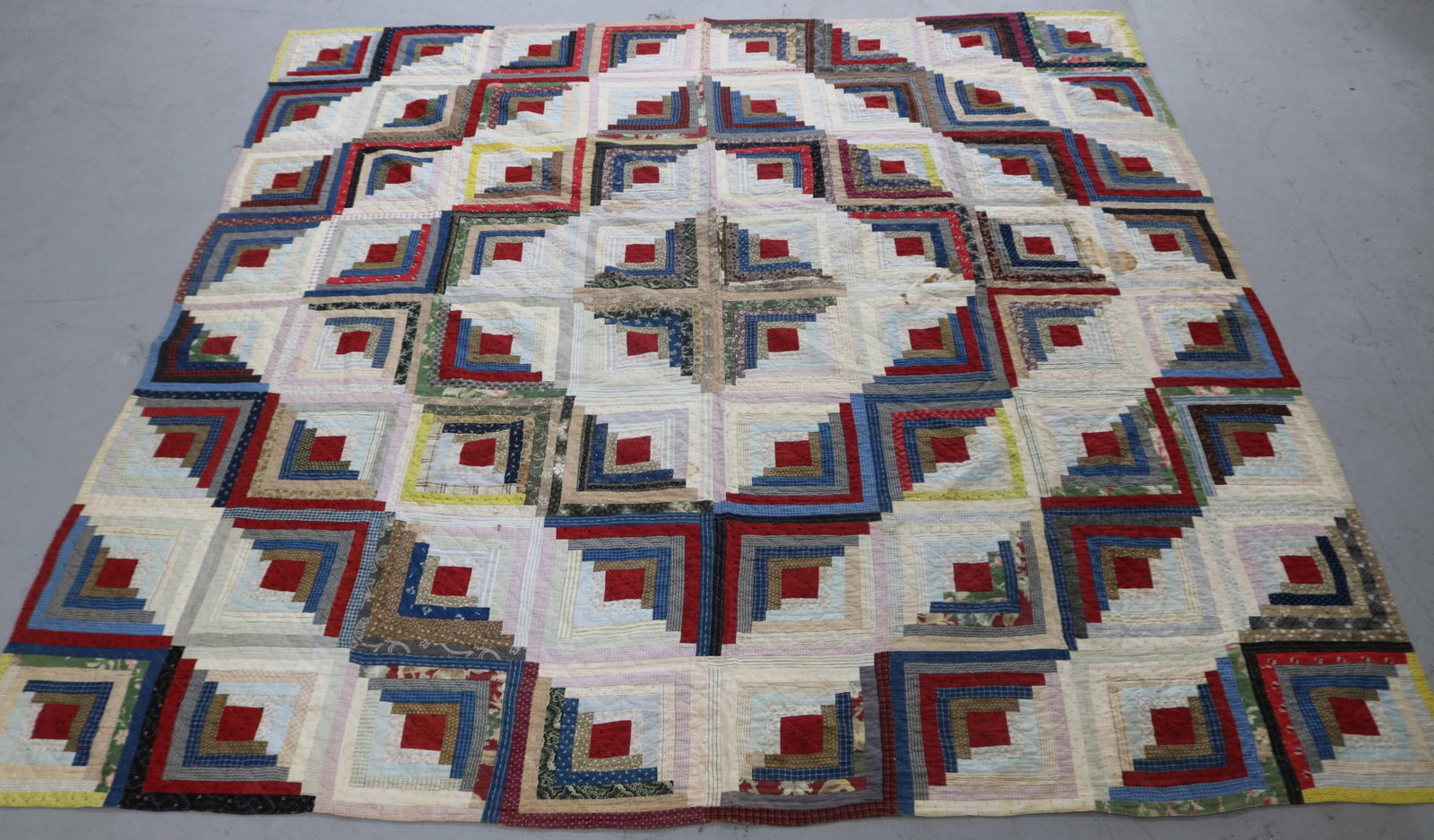 HANDMADE QUILT, LOG CABIN DESIGN, 6' 2" X 6' 5",: SOME STAINS