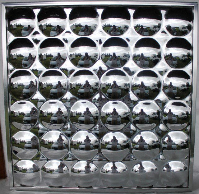 LATE MID CENTURY CONVEX MIRROR WALL HANGING,: ORIGINAL BALLANTINE ESTATE, 37" X 37"