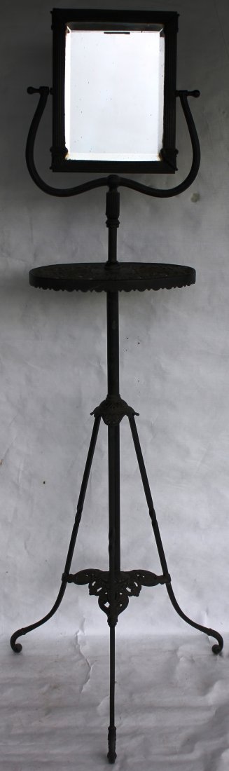 ORNATE VICTORIAN CAST IRON ADJUSTABLE: SHAVING STAND, SIGNED BRADLEY & HUBBARD, BEVELED MIRROR, SIZE SHOWN 61 1/2" H, 18" BASE