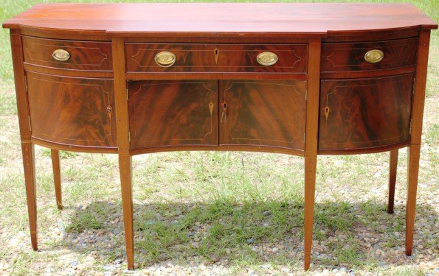 LATE 19TH C. HEPPLEWHITE SIDEBOARD: BELL FLOWER & LINE INLAY, REFINISHED CONDITION, SHOWS SOME RESTORATION, 38 3/4" H, 64 1/2" W, 26" D