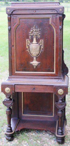 UNUSUAL WALNUT MUSIC CABINET,: REFINISHED CONDITION, WITH GILT URN & METAL TRIM, 1 DOOR & 1 DRAWER, 59" H, 27 1/2" W, 17" D