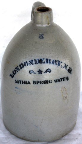 3 GALLON STONEWARE ADVERTISING JUG,: LITHIA SPRING WATER LONDONDERRY, N.H., 15" H, SHOWS VERY SLIGHT HAIRLINES