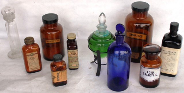 LOT OF 10 MISC. APOTHECARY BOTTLES,: 19TH & 20TH C, 4 1/2" - 9 1/4" H