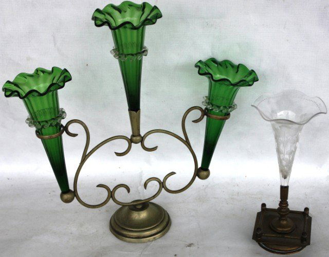 TWO LATE 19TH C. GLASS & METAL EPERGNES,: ONE 3 SECTION WITH GREEN GLASS 12 1/2", OTHER ETCHED CLEAR 8 1/4", ONE GREEN HORN SHOWS 1" MISSING, APPLIED DECORATION, CHIP TO HIDDEN BASE