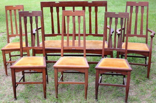 6 PC. OAK ARTS & CRAFTS SALON SET,: WITH 4 SIDE CHAIRS, ARMCHAIR, AND SETTEE, 43 3/4" H, 17 1/4" - 48" W