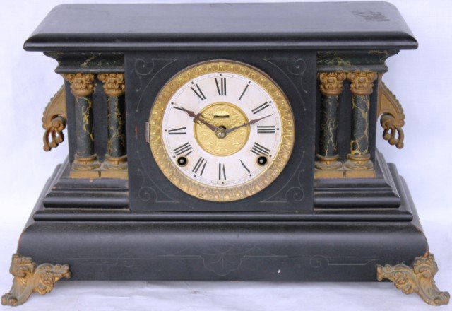 INGRAHAM MANTLE CLOCK, BLACK EBONIZED: FINISH, MISSING FRONT GLASS, 11" H, 17 1/2" W, 7" D