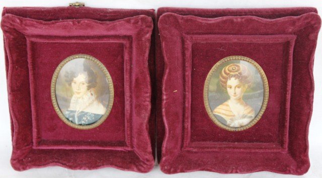 TWO 20TH C. OVAL MINIATURE PAINTINGS ON COPPER,: SIGNED TERRY, 3 1/2" H, 2 3/4" W