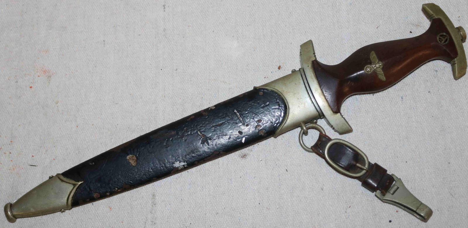 GERMAN WWII S.A. DAGGER BY WAGNER & LANGE,: SOLINGE, ORIGINAL SCABBARD & CLIP 14 1/2" L, "ELLES FUR DEUTSCHLAND" BLADE 8 3/4", GOOD USED CONDITION, COULD BE CLEANED