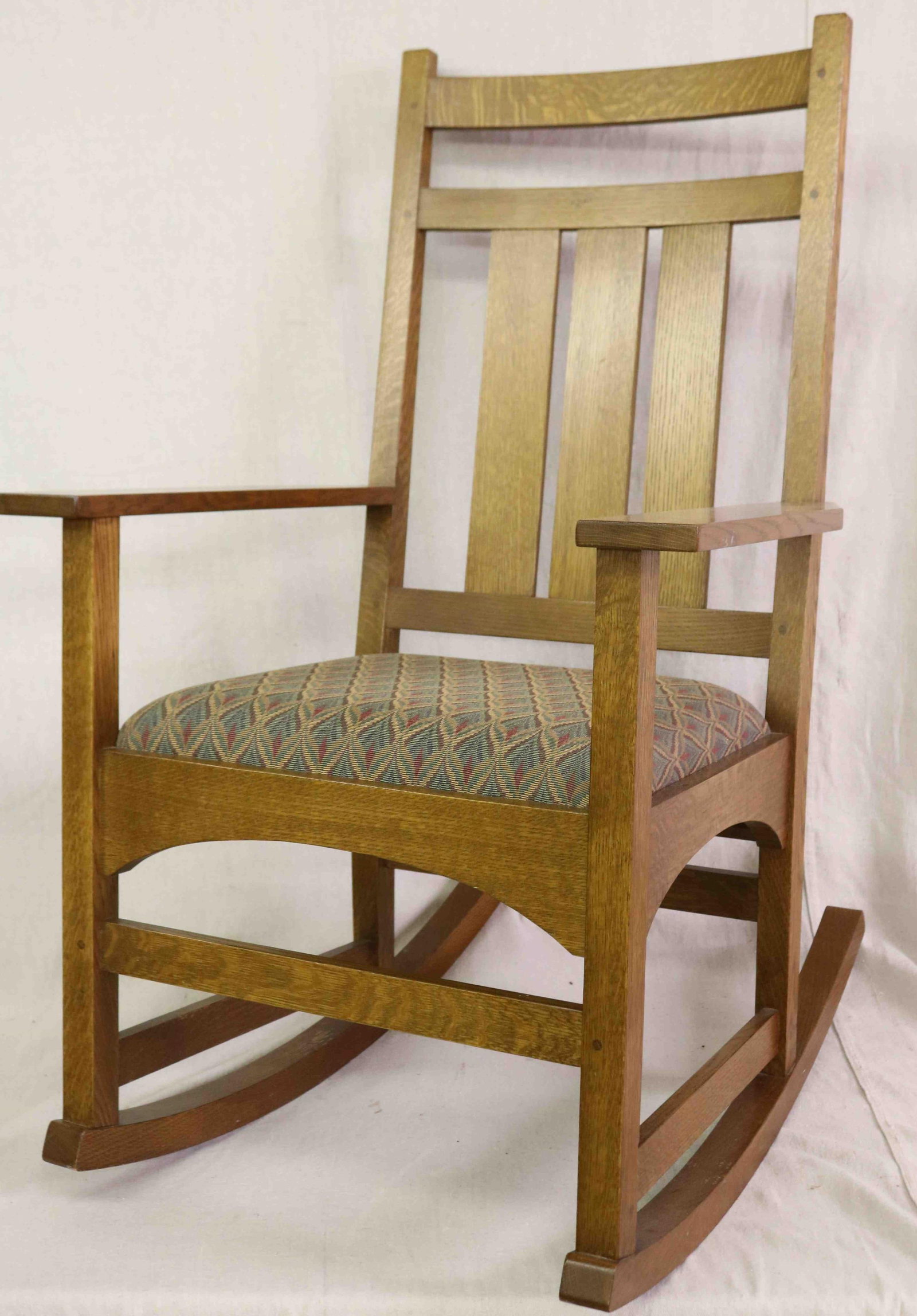 CONTEMPORARY STICKLEY MISSION OAK STYLE ROCKER,: ORIGINAL FINISH, CLOTH UPHOLSTERED SEAT, 41 1/4" H, 24 1/2" W, 30 1/4" D, 19" SEAT HEIGHT, GOOD OVERALL CONDITION
