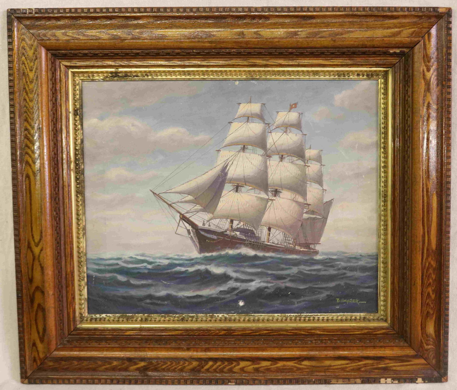 B. SNYDER, OIL ON CANVAS, FULL MASTED CLIPPER: SHIP, 20TH C. SIGNED LOWER RIGHT, 15 1/2" X 19 1/2" SIGHT, 25" X 29 1/2" OVERALL, OAK FRAME, MINOR PAINT LOSS