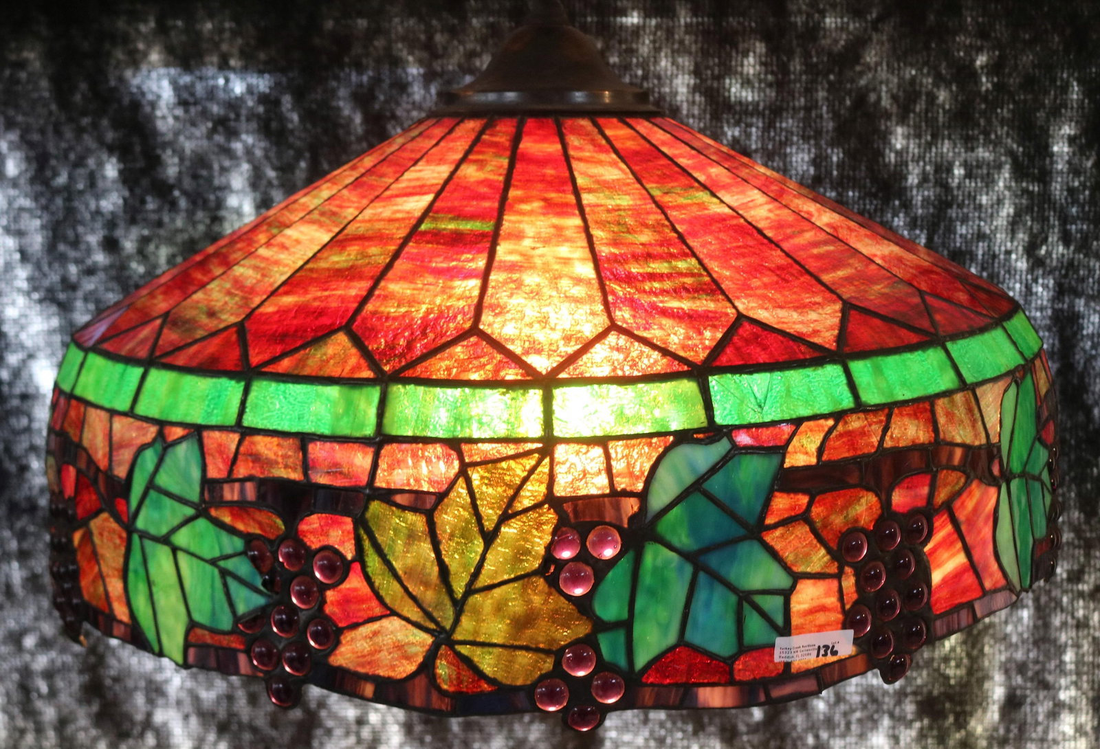 QUALITY LEADED GLASS HANGING LAMP, GRAPE & LEAF: DESIGNS, JEWEL GRAPES, GREEN, AMBER & RED SLAG GLASS, MINOR CRACKS, 16" H, 24" DIA.
