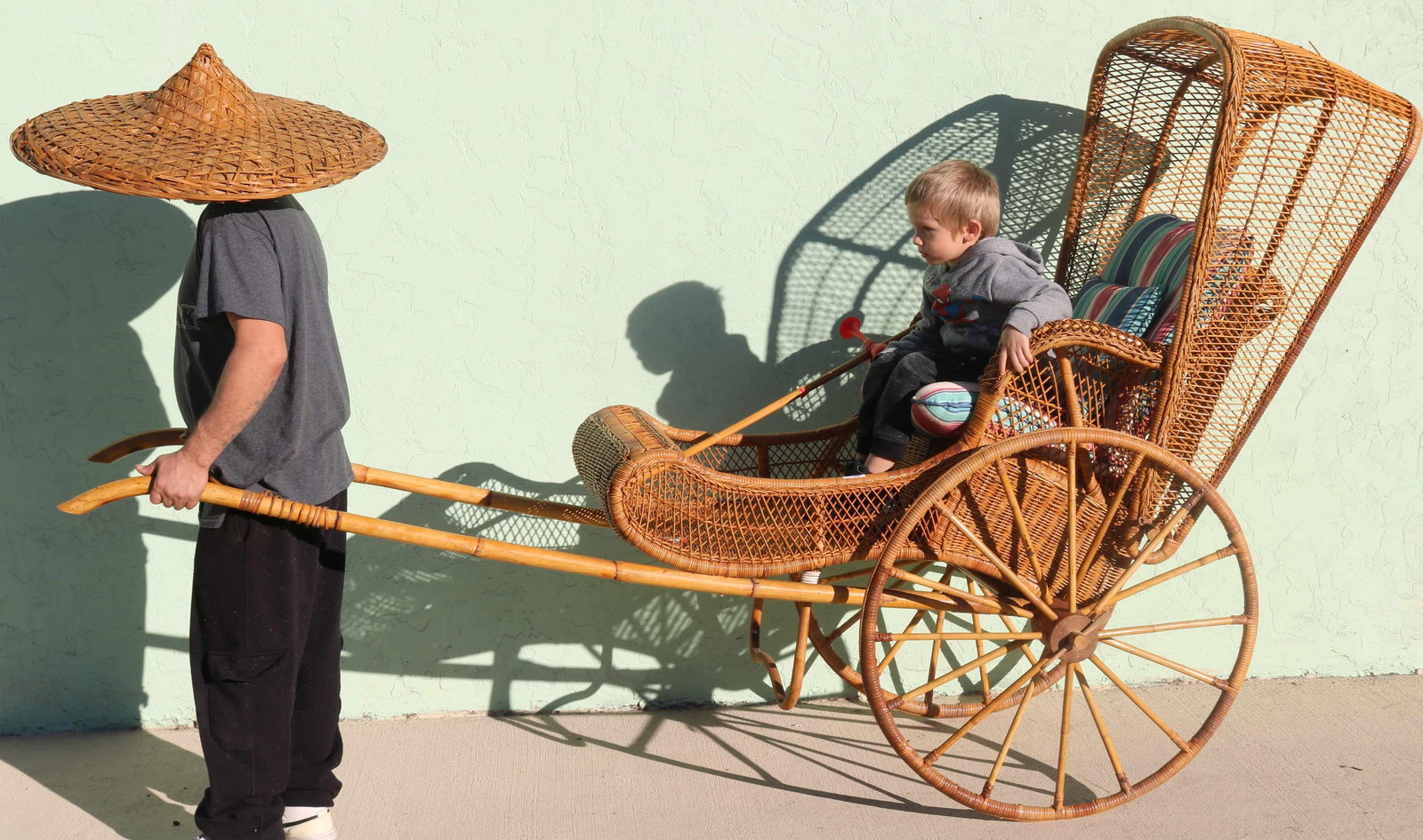 WICKER RIC-SHAW WITH HAT, JOREL & SON NOT: INCLUDED, NATURAL FINISH, 67" H, 95" L, 38" W