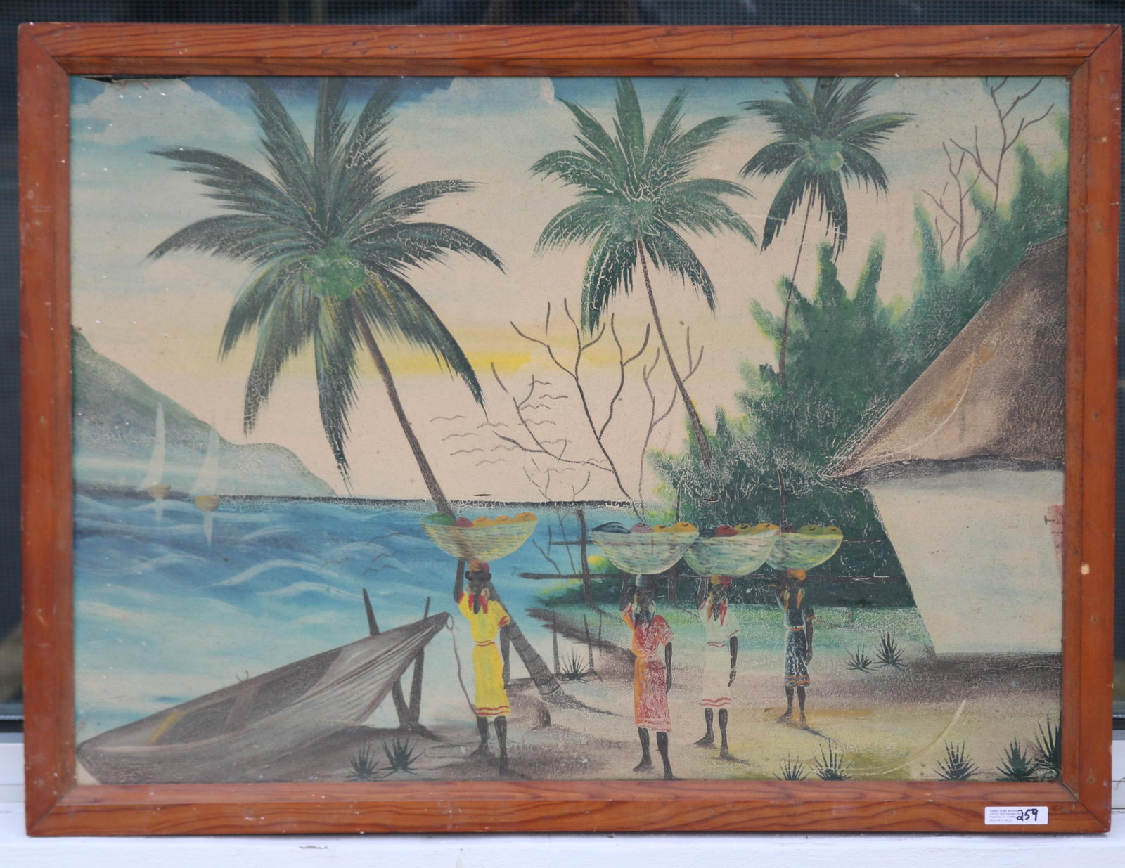 OIL ON CANVAS, SEASIDE LANDSCAPE WITH FIGURES,: POSSIBLY HAITI OR HIGHWAYMAN ON VACATION, MID 20TH C., TEAR AT TOP LEFT & TWO SMALL TEARS IN CENTER, 22 1/2" X 30 1/2" OVERALL