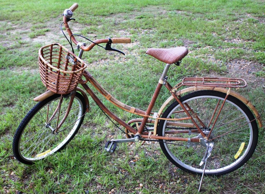 BAMBOO & WICKER WRAPPED BICYCLE,: BAMBOO FENDERS, LADIES BIKE, 42" H, 70" L
