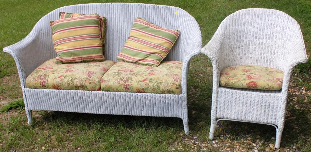 LLOYD LOOM WICKER SETTEE WITH MATCHING ARMCHAIR,: 32 1/2" H, 26" D, SOFA 59" L, ARM CHAIR 27" L