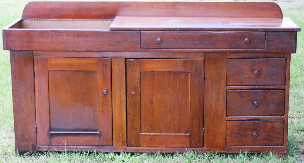UNUSUAL LARGE 19TH C. PINE & POPLAR DRY SINK,: MULTI DRAWERS WITH 2 DOORS, COPPER LINED, 37 1/2" H, 71 1/2" L, 19 1/2" D
